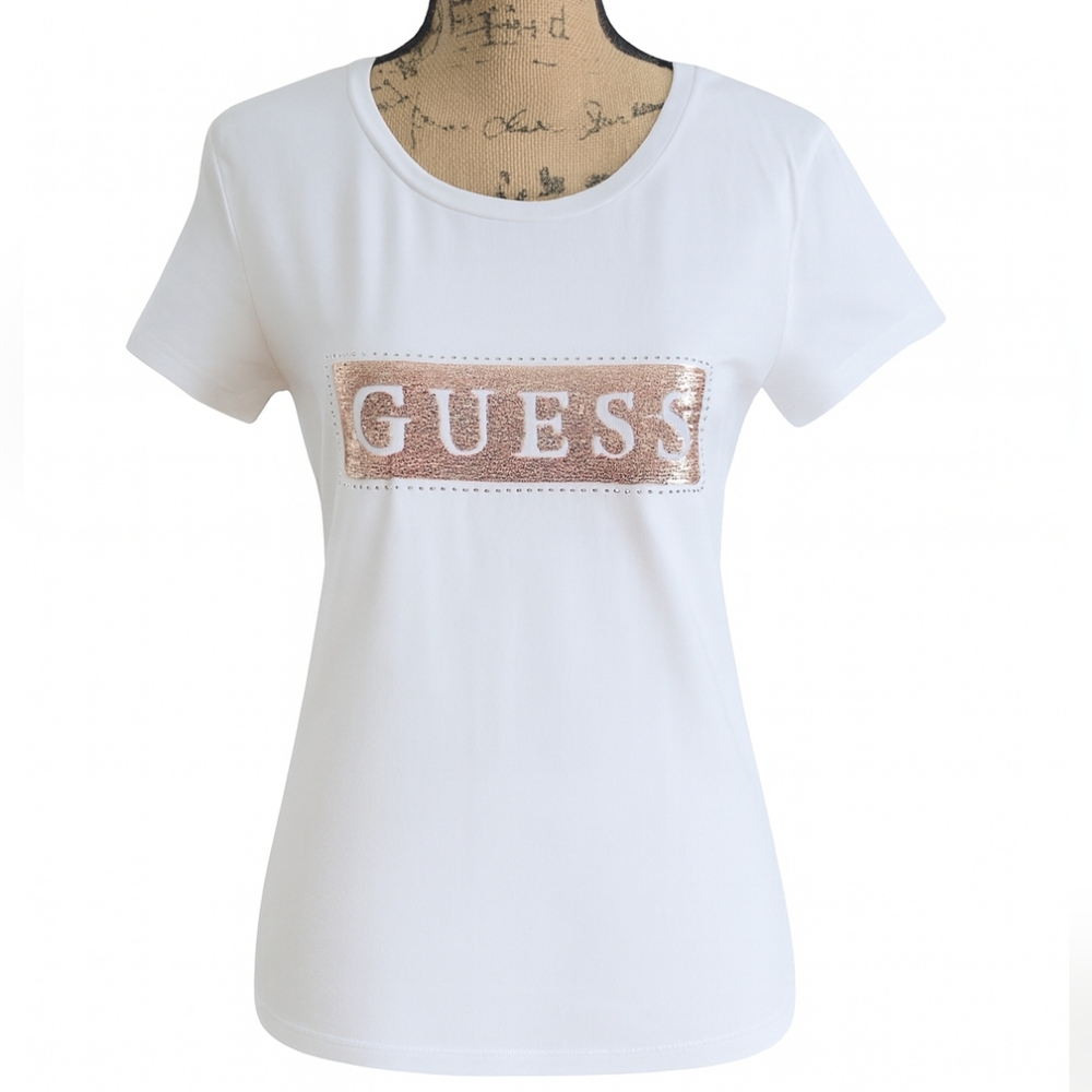 GUESS White Tee with Rose‑Gold Sequin Logo -- Size XL